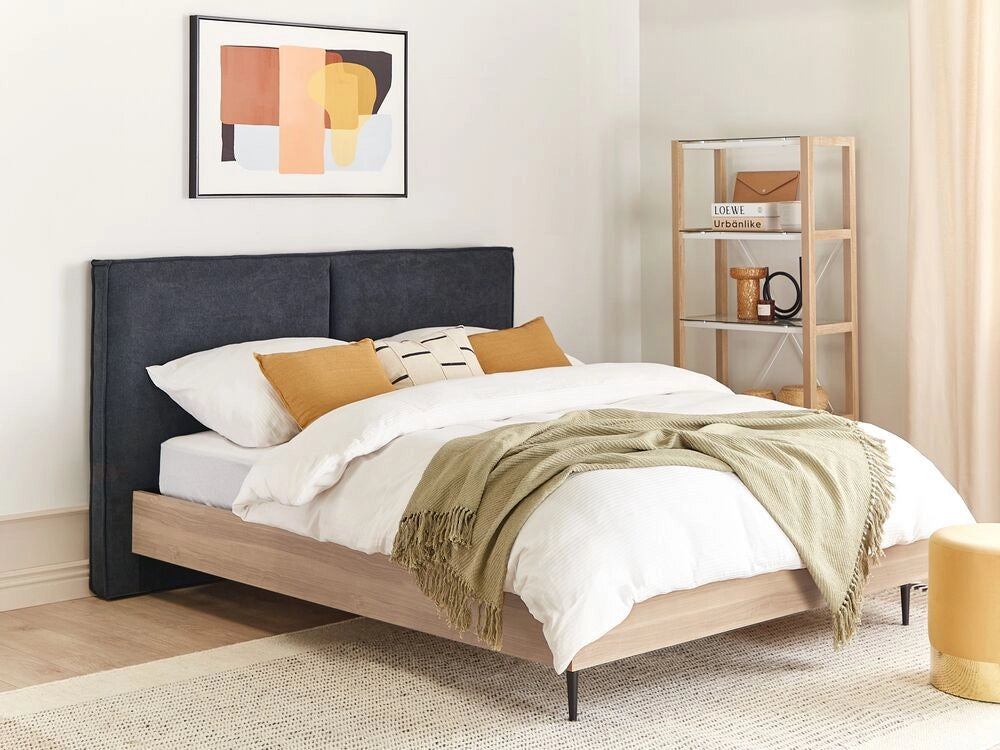 Telaio del letto grigio scuro in tessuto UE matrimoniale Dimensioni 160 x 200 cm Testiera imbottita Telaio in MDF Gambe in metallo Base a doghe in legno Camera da letto in stile moderno