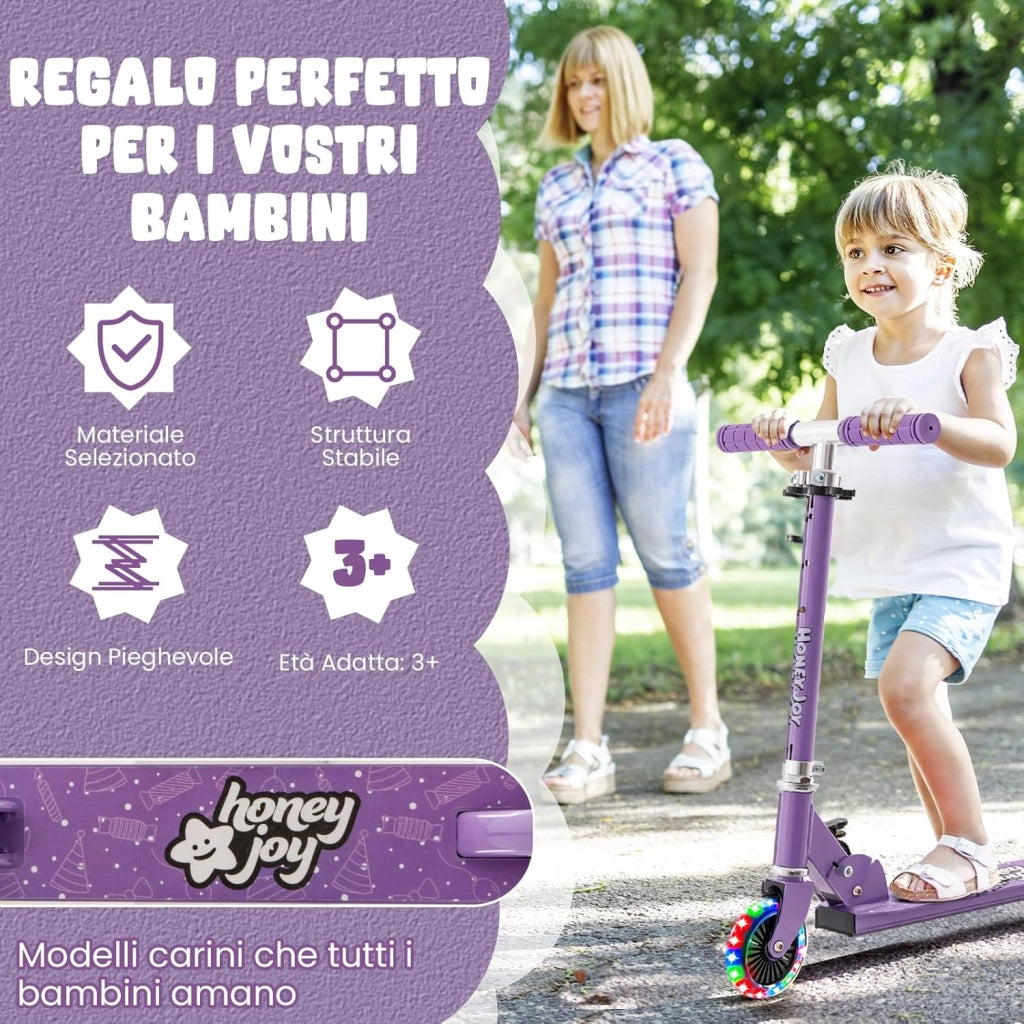 Monopattino Bambini, Monopattino Bambino e Bambina +3 Anni Pieghevole con 2 Ruote Lampeggianti, Manubrio Regolabile e Freno (Viola)