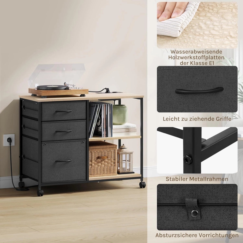 Cassettiera da Ufficio, Armadietto con 3 Cassetti e 2 Ripiani, Schedario da Ufficio con Ruote, Porta Stampante con Sezione di Ricarica, in Legno e Metallo, Rovere Chiaro, ASK07hei