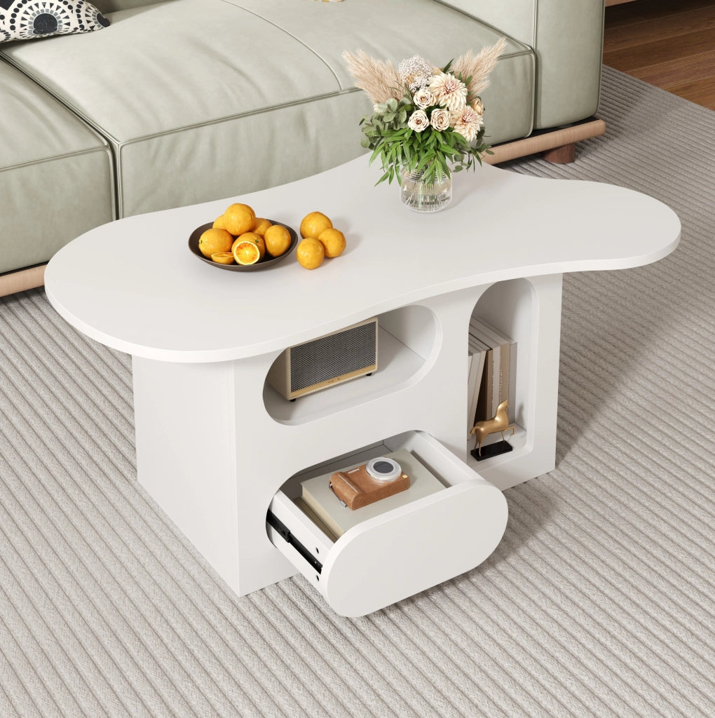 Tavolino da salotto a forma di nuvola con cassetti e vani aperti 97 x 45 x 43;5 cm bianco