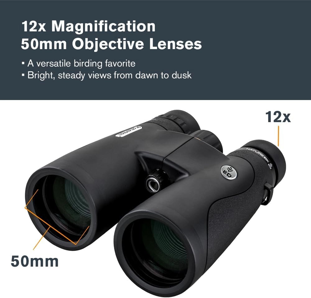 Celestron 72336 Nature DX ED 12x50 binocolo con obiettivo a bassissima dispersione esterni e birdwatching, ottica multistrato con prismi BaK-4, rinforzato in gomma, resistente ad acqua e nebbia