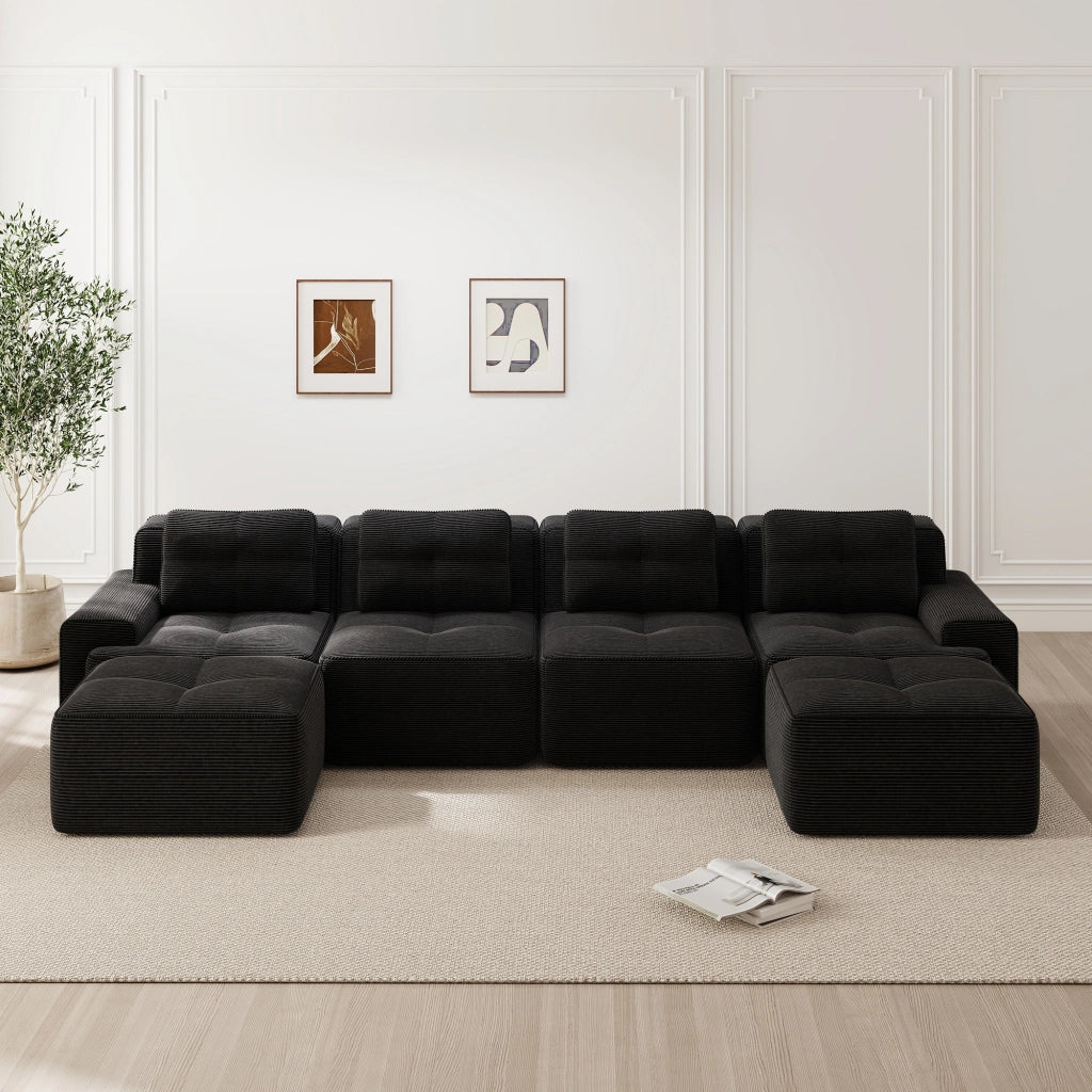 Divano Modulare Chaise Longue 4 Posti ¨C MINIMAL ¨C Velluto a Coste Nero, Morbido
