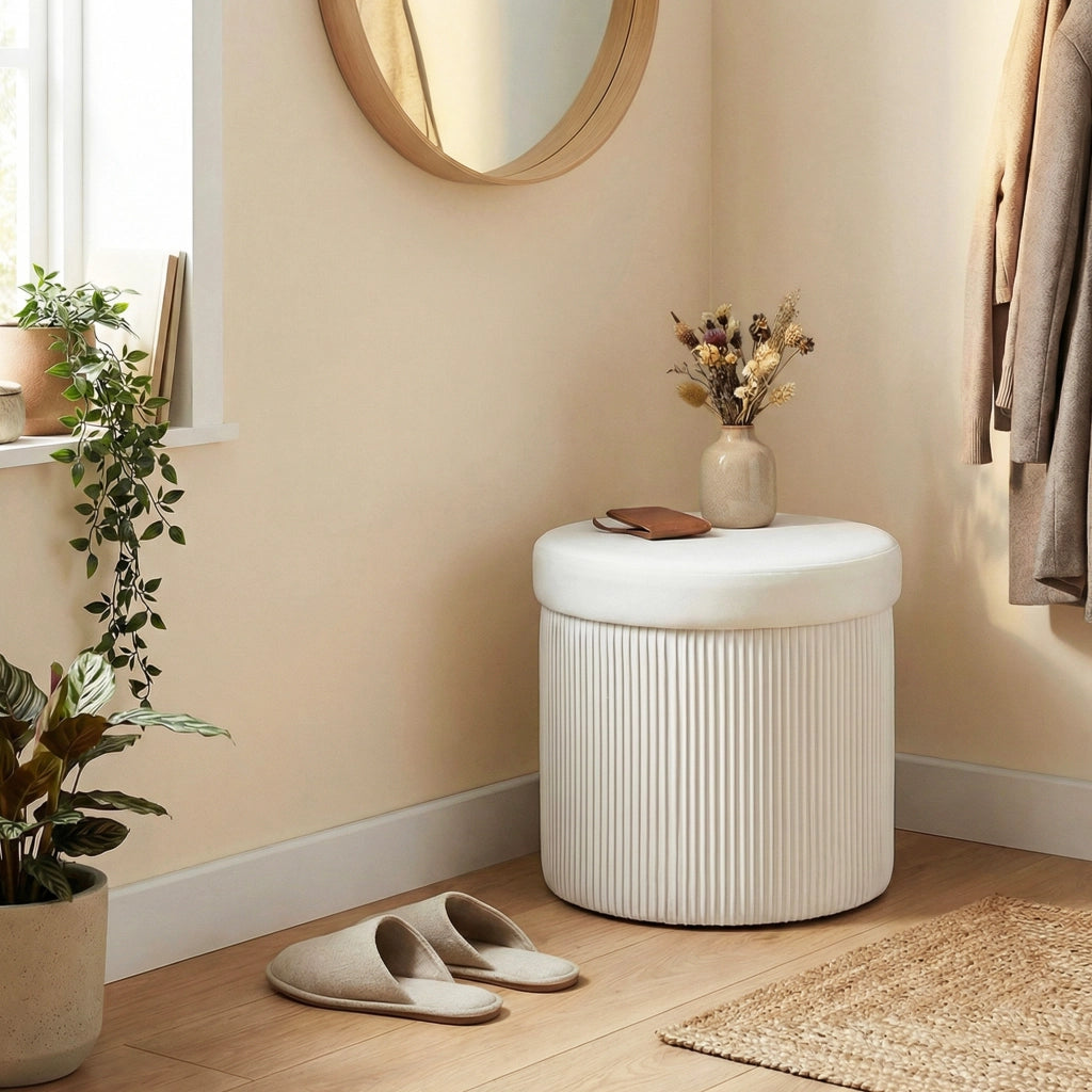 Pouf contenitore pieghevole rotondo ¨C zephmum ¨C velluto crema 38x38x38 cm