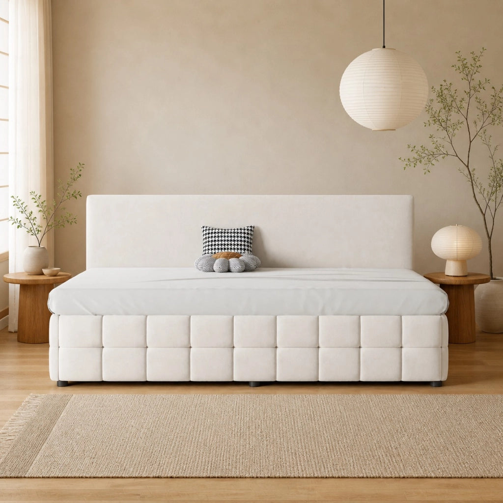 Letto singolo imbottito 90x200 cm con contenitore idraulico e schienale in velluto beige
