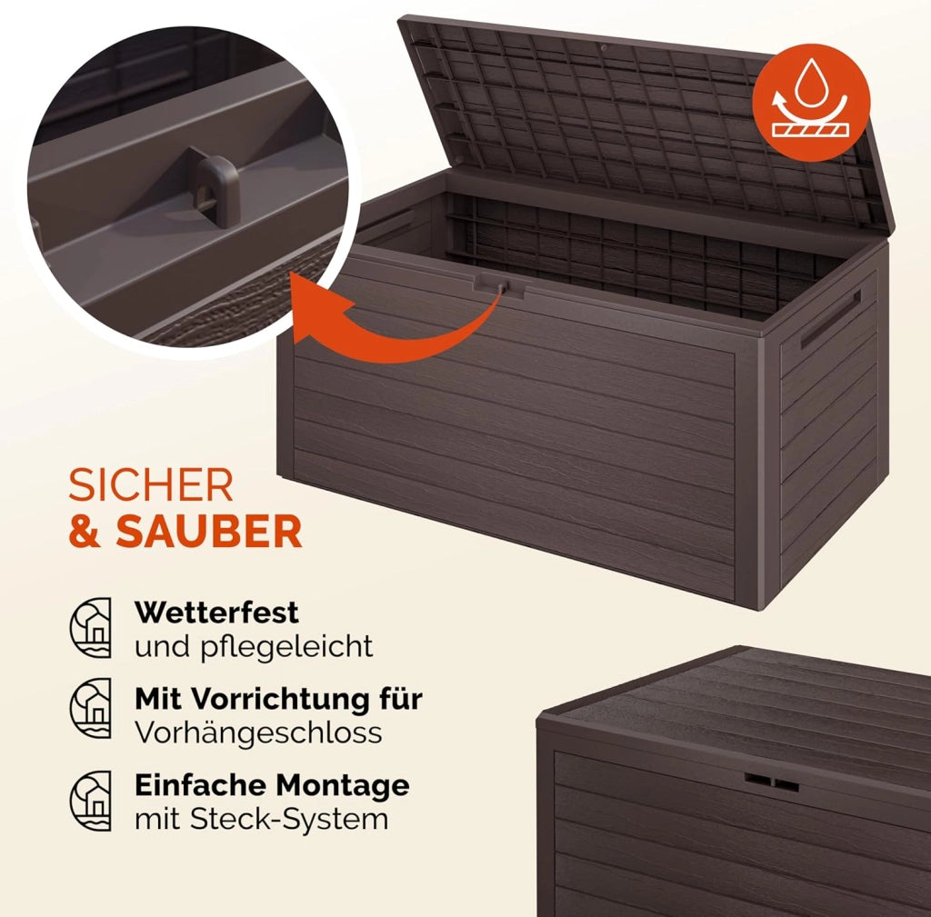 ® Baule da Giardino XXL 280L Effetto Legno Cassapanca Richiudibile 116x43x55cm Box Multibox Contenitore Cuscini