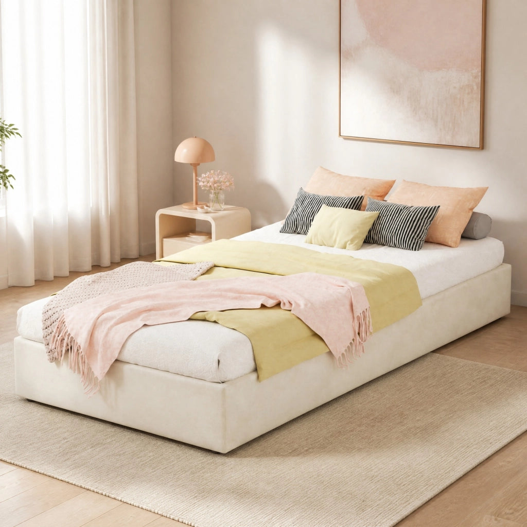 Letto singolo con contenitore pneumatico 90x200 cm; testiera imbottita beige