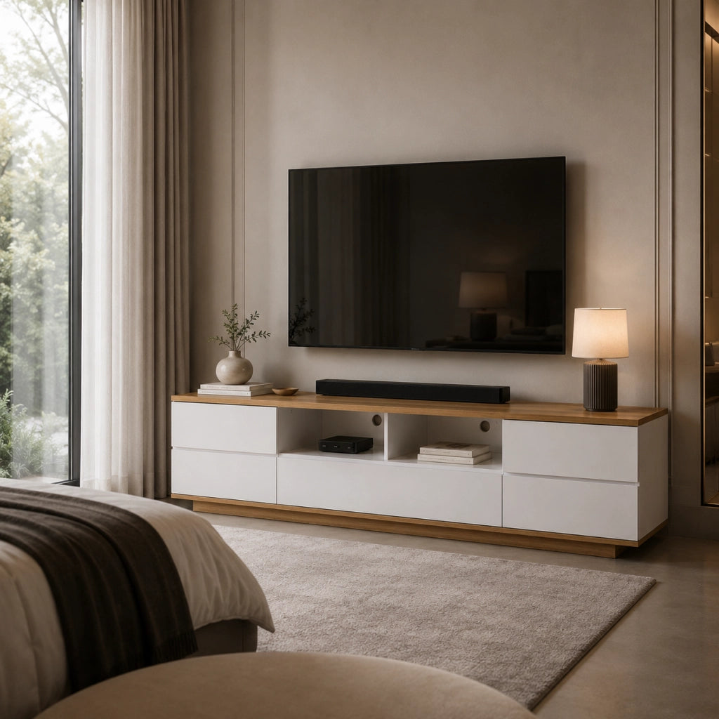 Mobile TV Con 4 Ante Anta A Ribalta 2 Vani A Giorno Passacavi In MDF Resistente Mobile Basso Per Soggiorno Living Salotto Moderno E Organizzato 180 x 38 x 46 Cm Bianco E Rovere