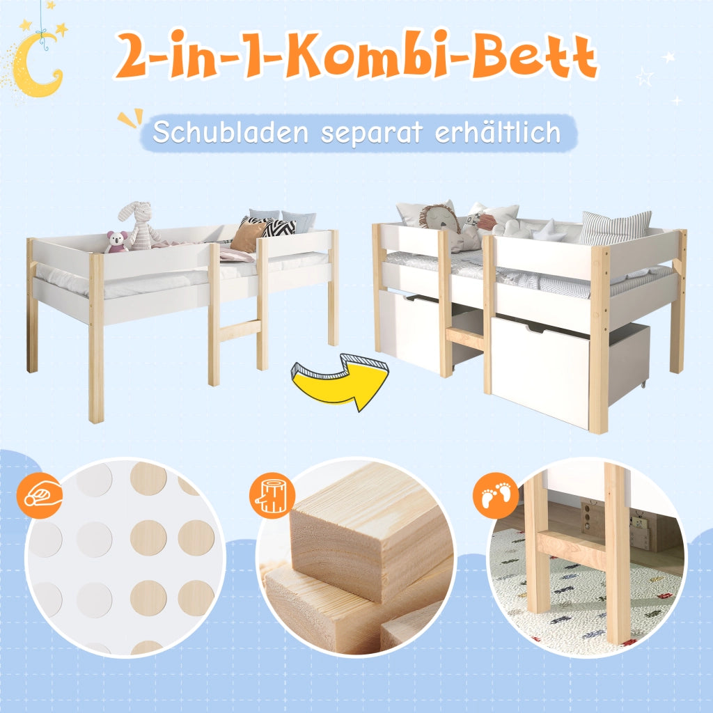 Letto per bambini bianco e rovere con cassetto e protezione anticasco in legno massello di pino 90x200cm