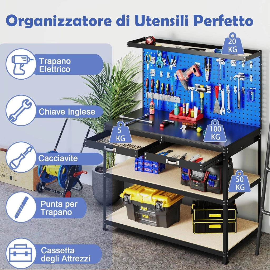 Banco da Lavoro con Piano da 120 x 60 cm, Banco da Lavoro Officina con Pannello Forato e 24 Ganci Porta Attrezzi, Tavolo da Lavoro per Garage con 2 Cassetti e 2 Mensole (Blu)
