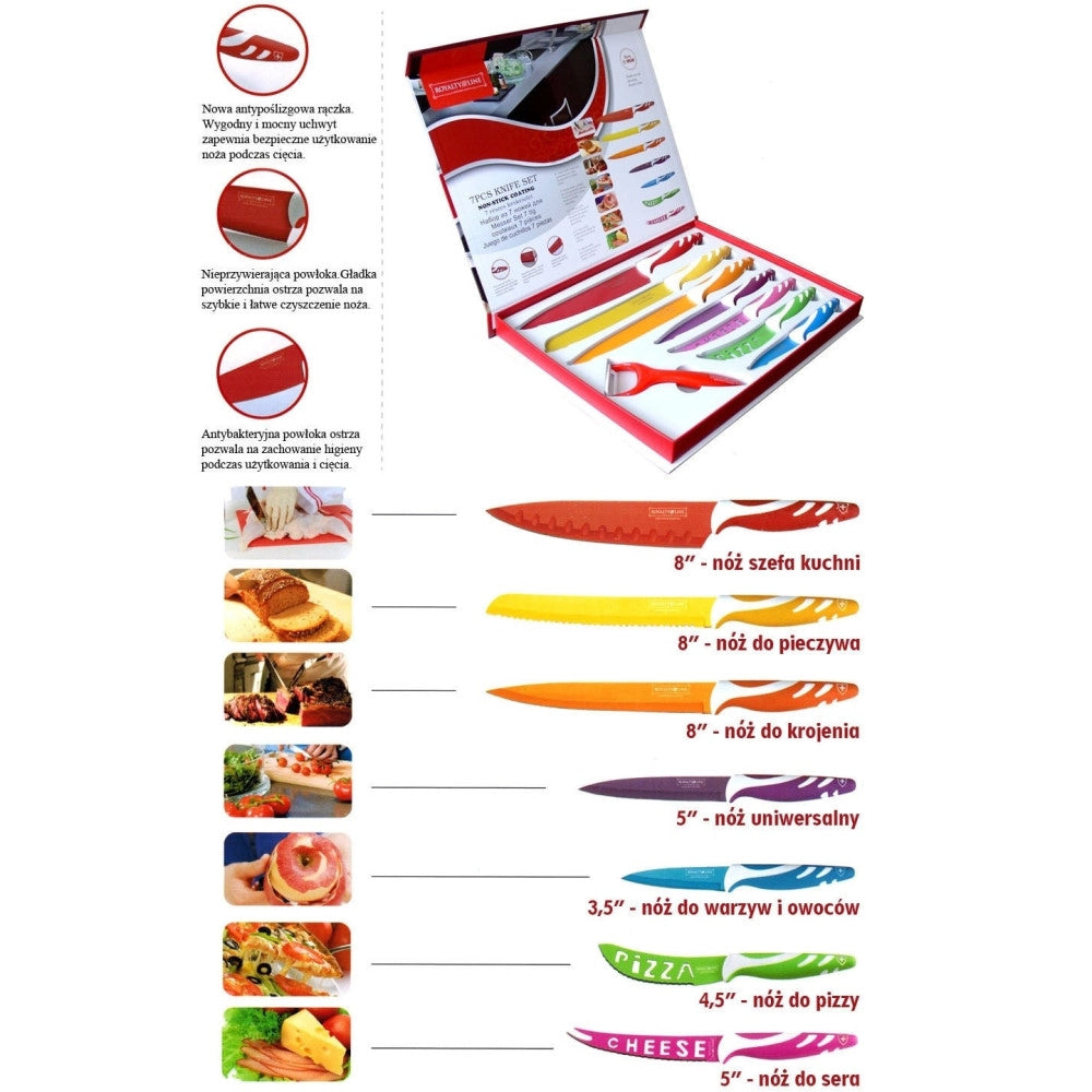Trade Shop - Set 7 Coltelli Da Cucina Colorati Ceramica Piu Pelapatate Royalty Line Acciaio -
