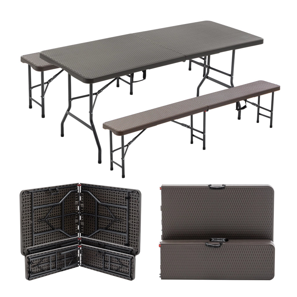 TAVOLO PICNIC PIEGHEVOLE 3 PEZZI, con 2 panche, marrone, HDPE