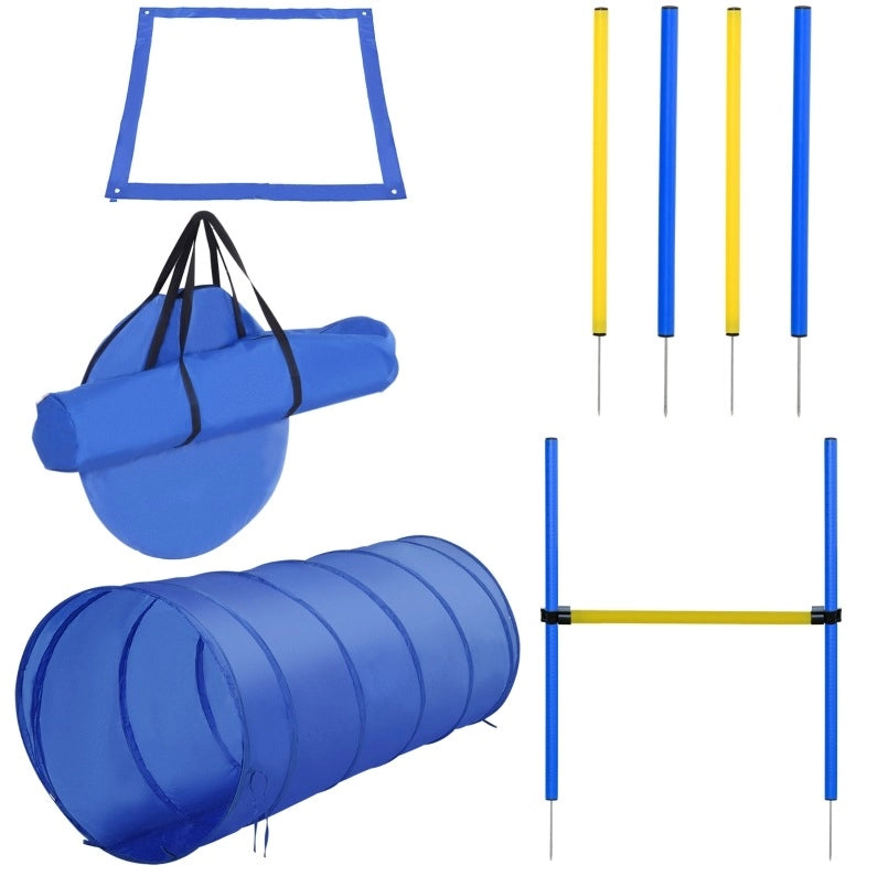 Set agility per cani giallo con tunnel, ostacoli e slalom