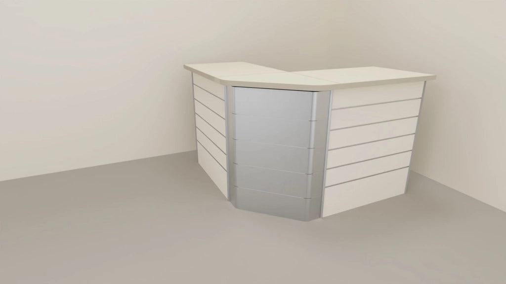 Composizione banco cassa angolare con pannello dogato per esposizione negozio abbigliamento cm. 156x156x106h
