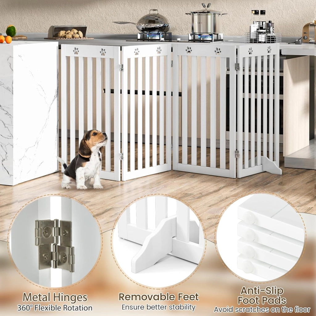 Cancelletto per Cani Pieghevoli 204 x 90 cm, Barriera per Cani in Legno a 4 Pannelli con Piedini Stabili, Recinzione per Scale, Ingressi e Corridoi (Bianco)