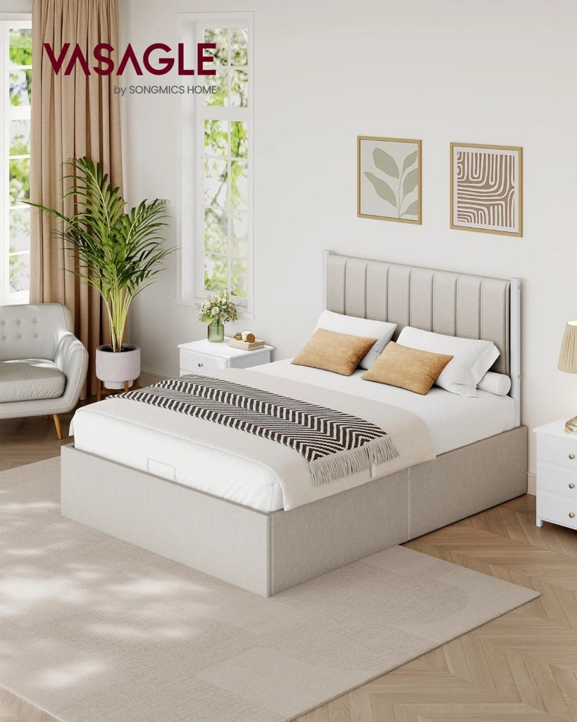 VASAGLE Struttura Letto, 140 x 200 cm, Letto Sollevabile con Contenitore, Testiera, Sollevamento Idraulico, Moderno e Semplice, Montaggio Facile, Beige Cappuccino RMB614LH01