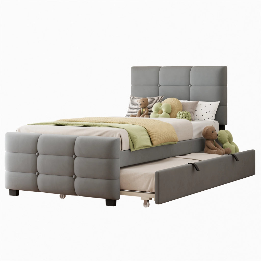 LETTO per bambini 90x190 cm con letto estraibile in velluto grigio