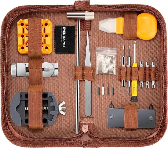 Set di attrezzi orologeria, attrezzo di apertura orologio, set di attrezzi orologeria per orologi più comuni, borsa di strumenti orologio in borsa di nylon marrone, stile marrone nuovo, stile nuovo