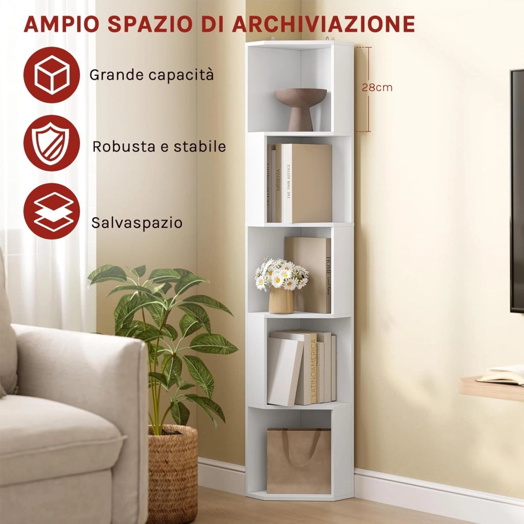 Scaffale ad Angolo, Libreria Verticale Bianca, Scaffale Divisorio con 5 Scomparti Aperti, per Soggiorno/Studio/Camera da Letto, SK046ws