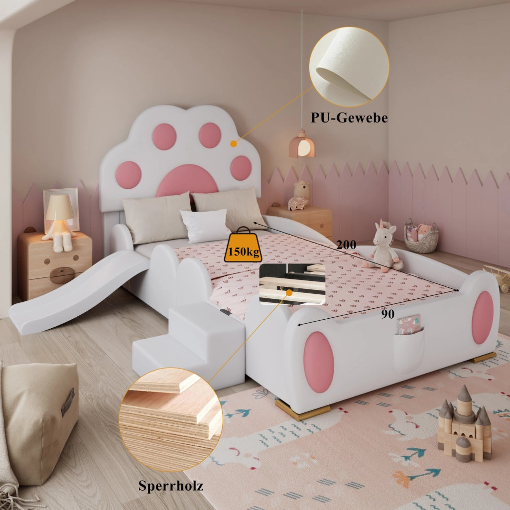 DESMIU Letto per bambini 90 × 200 cm con scivolo, scala a 2 gradini e tasca, senza materasso, in PU, bianco e rosa