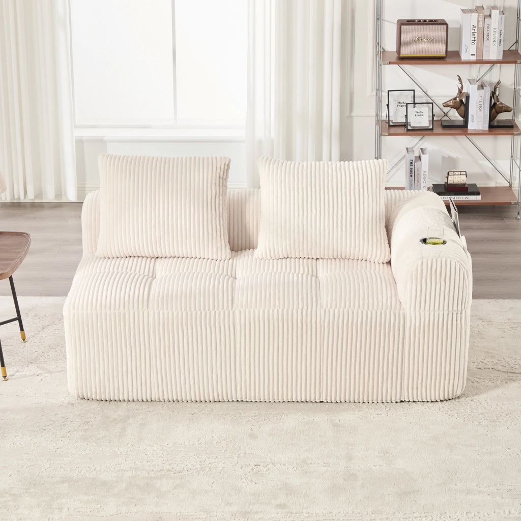 Divano dritto 2 posti con tasche laterali e portabicchieri, in Corduroy Beige 158 × 93 × 61 cm