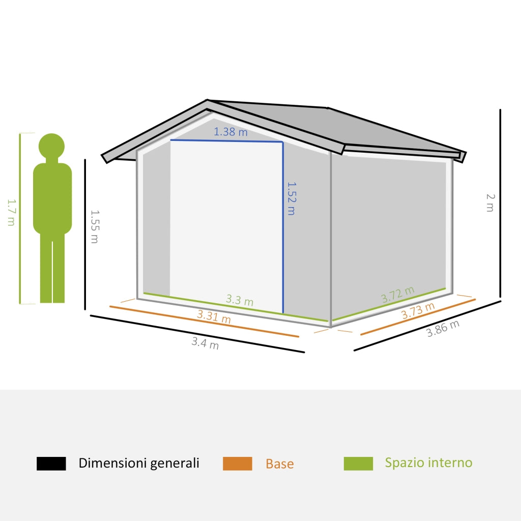 EasyComfort Casetta da Giardino con 2 Porte Scorrevoli e 4 Prese d'Aria in Acciaio, 340x386x200cm, Verde