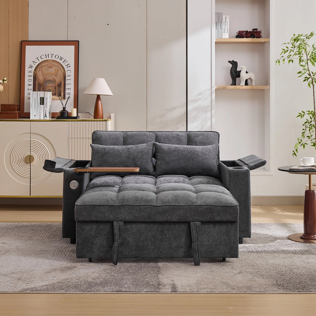 Divano letto pieghevole 3-in-1 grigio con schienale regolabile, USB e vano contenitore