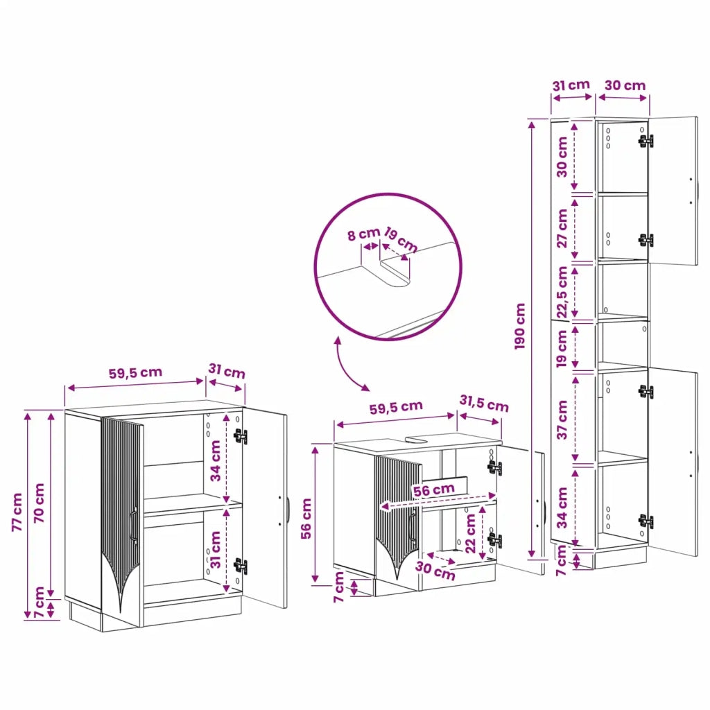 Set di armadietti da bagno in 3 pezzi HOORN Grigio Cemento 3417471