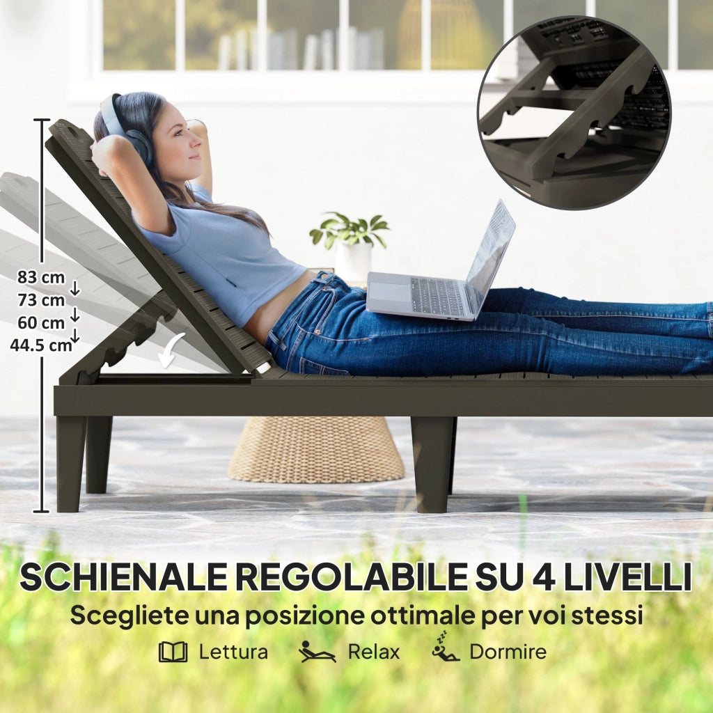 Set 2 Lettini Prendisole con Schienale Regolabile Effetto Rattan a Doghe Nero