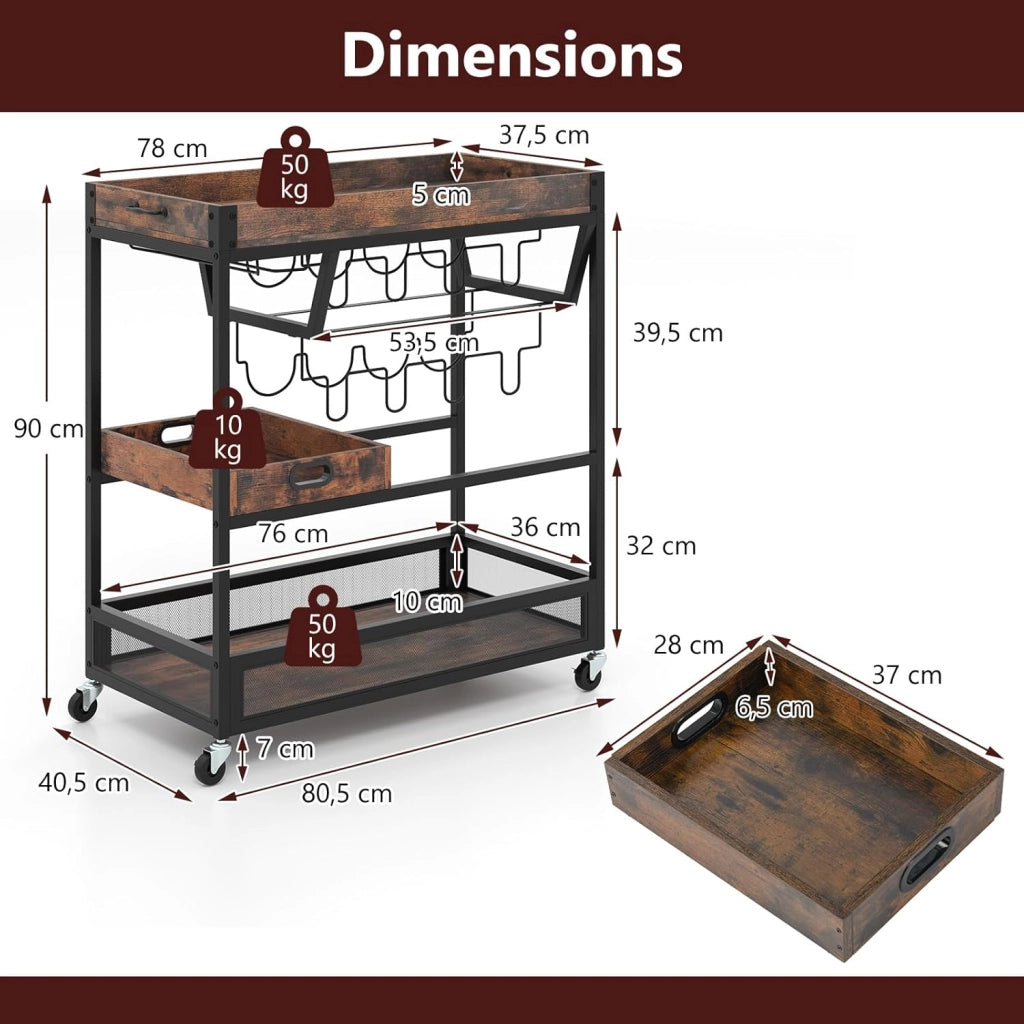 Carrello di servizio a 3 livelli, carrello da cucina con armadietto per vino, porta bicchieri, vassoio rimovibile, struttura in metallo, carrello portaoggetti a 3 livelli, per sala da pranzo