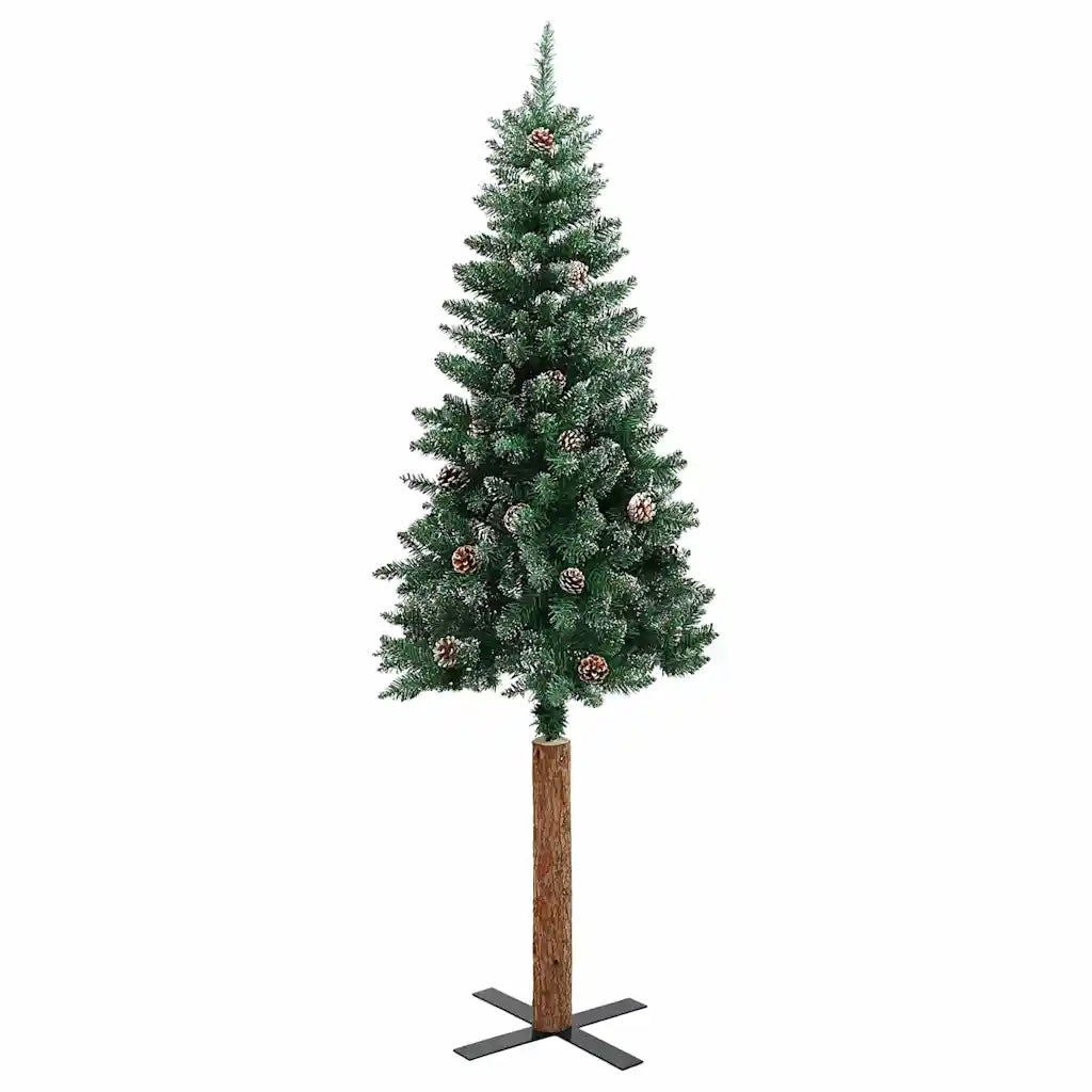 Albero di Natale Sottile Legno Vero Verde con Neve Bianca 150cm