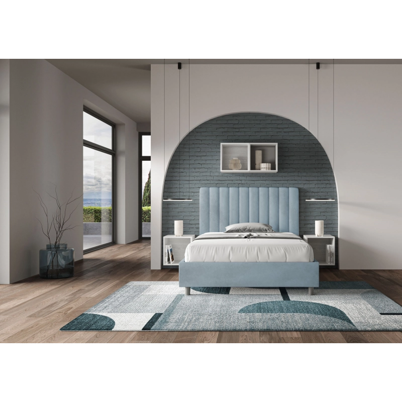 Letto imbottito 1 piazza e mezza 120x200 cm Agueda - Contenitore,Microfibra,Azzurro