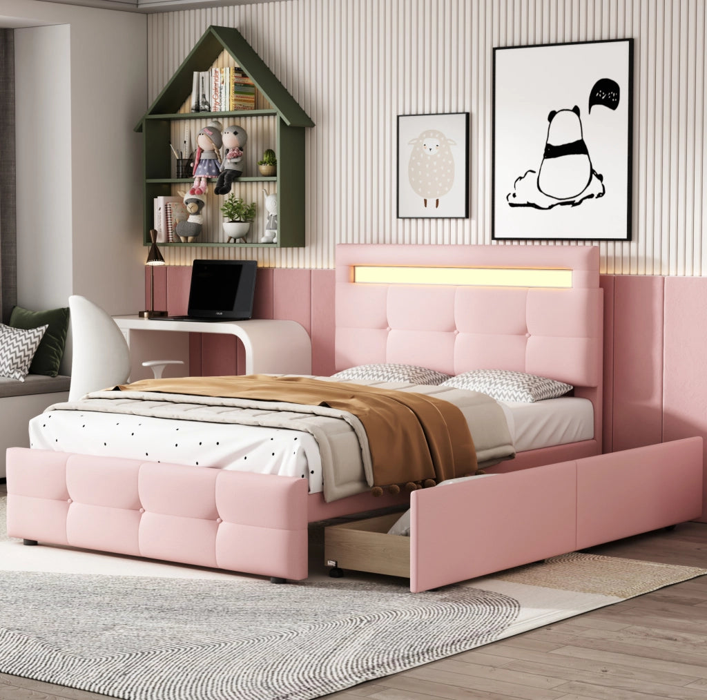 Letto singolo imbottito ULEVR 90x200 cm con LED, 2 cassetti e testiera regolabile, rosa