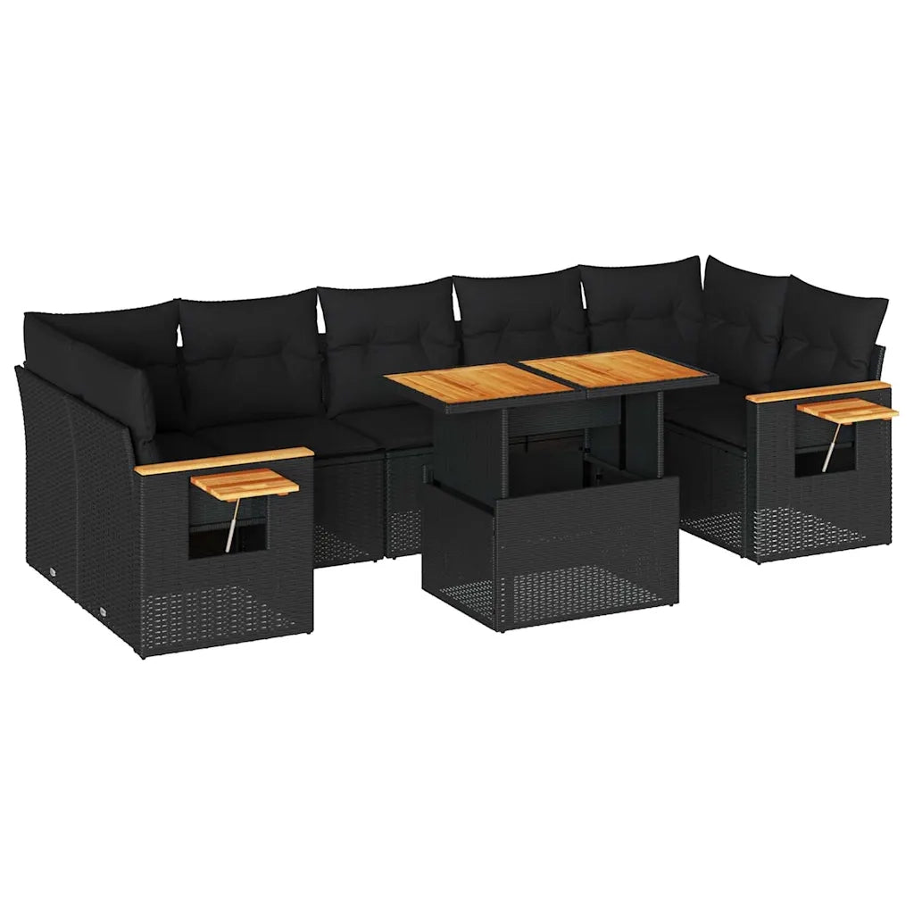 Set Divani da Giardino con Cuscini 8 pz Nero Polyrattan Acacia
