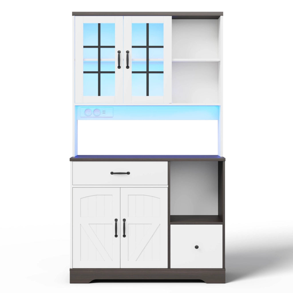 Credenza 105x40x185 cm con LED a colori; prese e ante in vetro; MDF; naturale e bianco