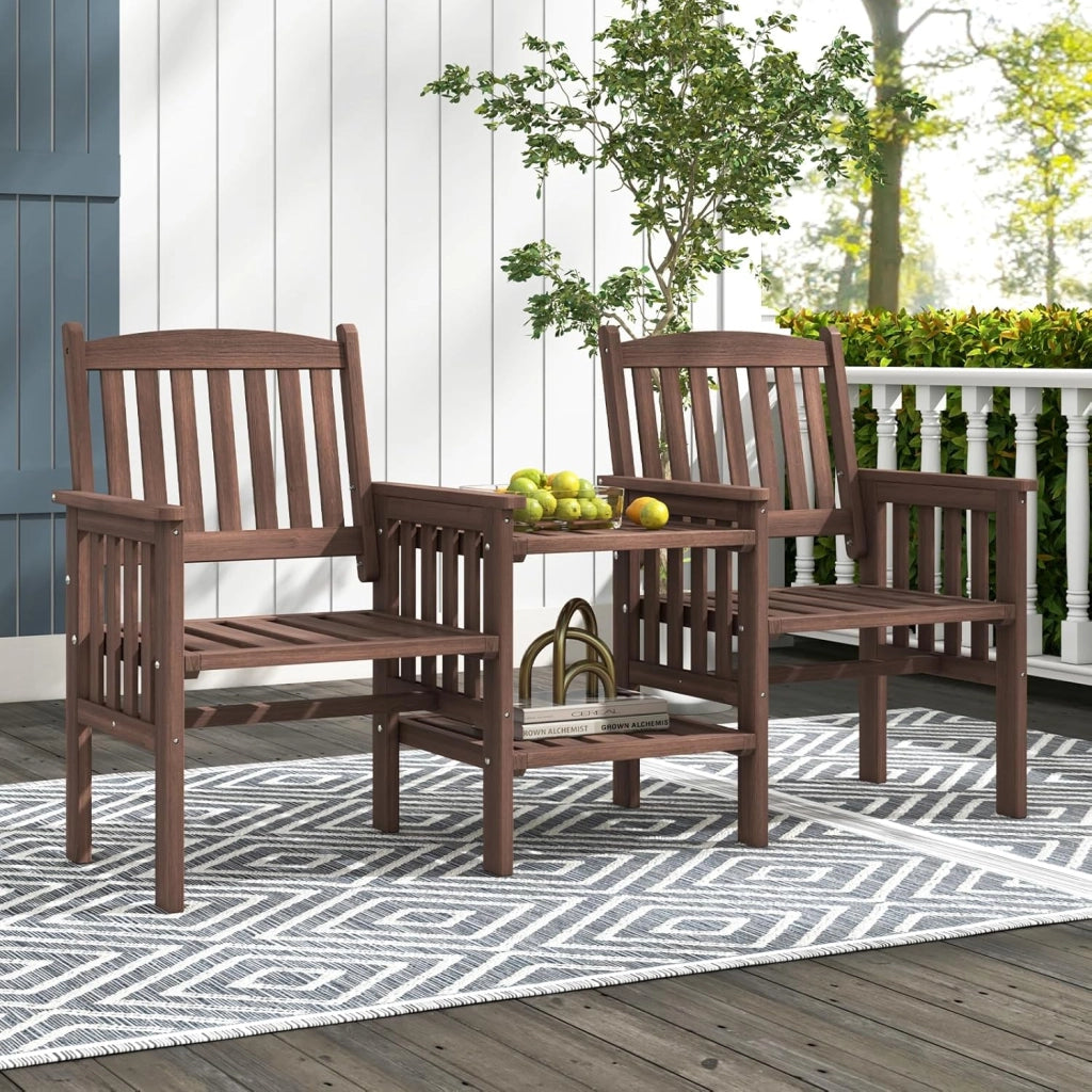 Set di salotto da giardino in un pezzo, in legno massello, 1 tavolo con foro per ombrelloni e 2 poltrone, mobili da esterno per cortile, patio, terrazza (carico 150 kg, marrone)