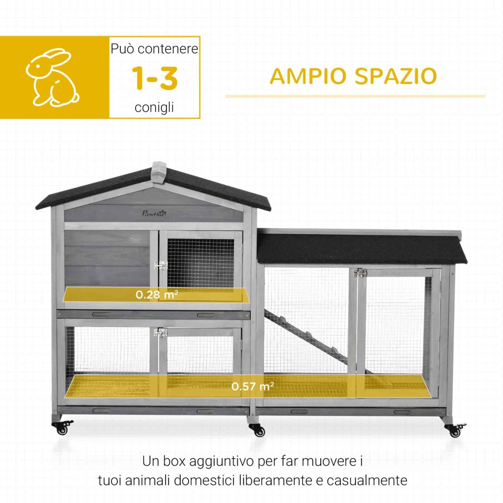 Gabbia per conigli a 2 piani con rete e ruote ¨C Minimal ¨C Legno e metallo, grigio, 157x53x100 cm
