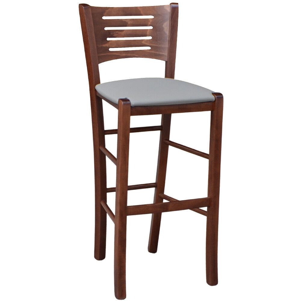 Sgabello alto verona in legno noce scuro h 73 seduta in ecopelle grigio tortora