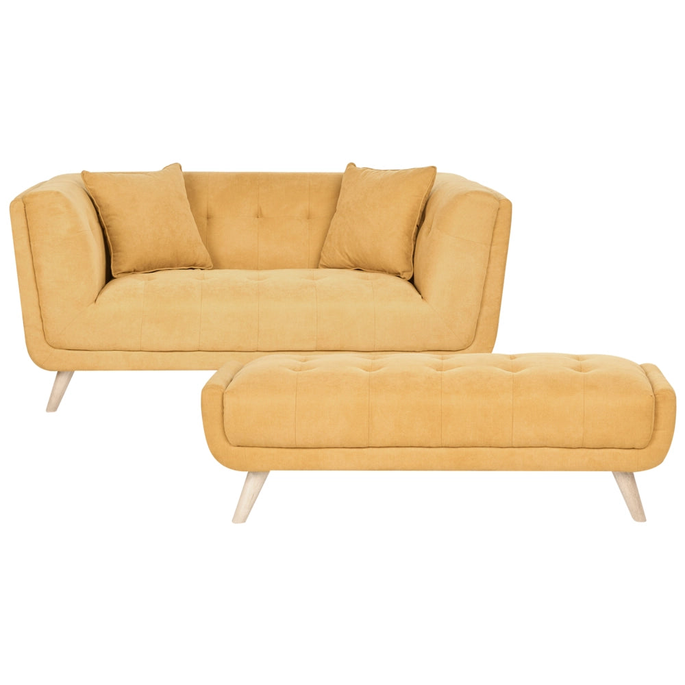 Divano a due posti in tessuto con poggiapiedi cuscini decorativi e gambe in legno trapuntatura decorativa stile retrò senape