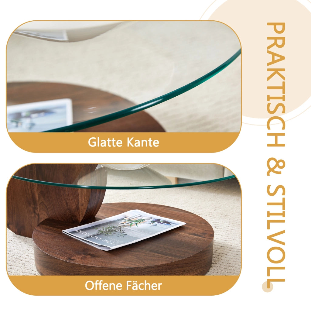 Tavolino da caffè in vetro temperato e MDF color noce