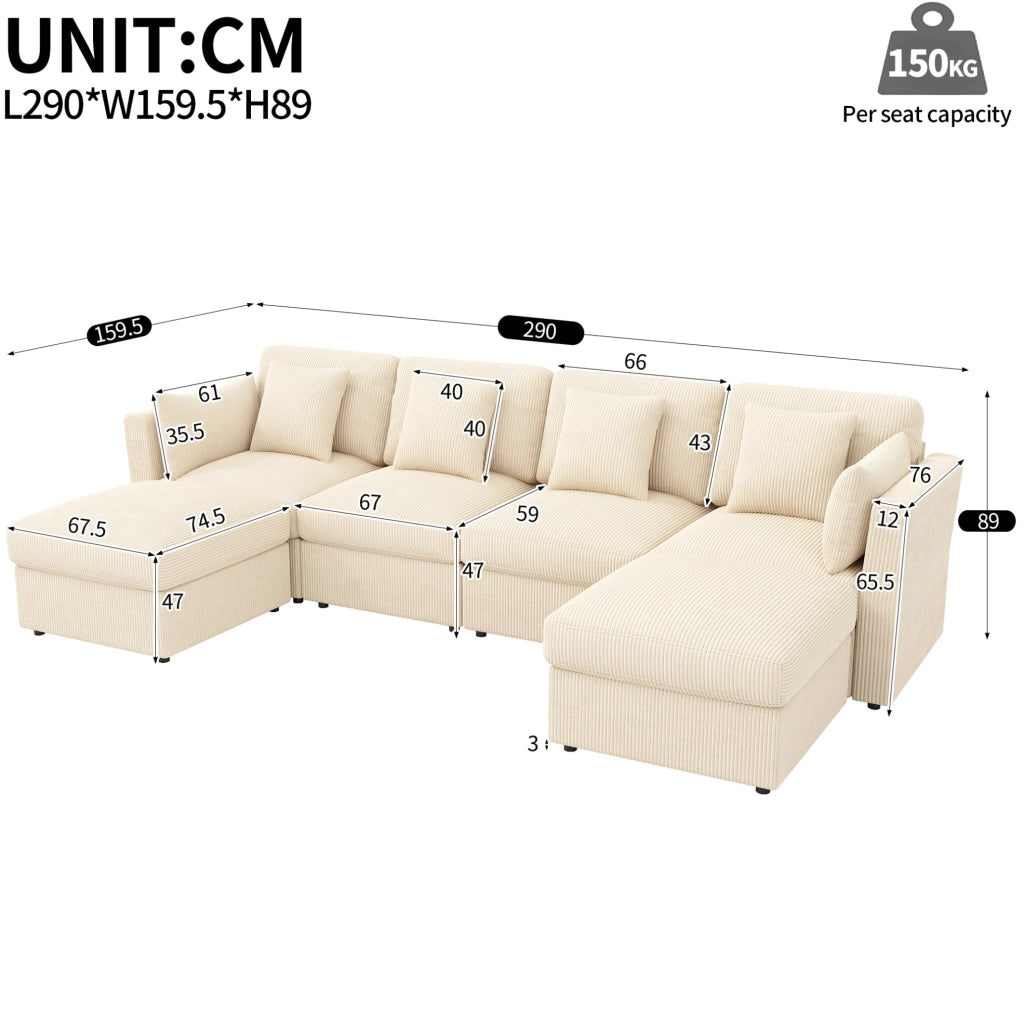 Divano modulare 4-6 posti in velluto a coste beige con pouf