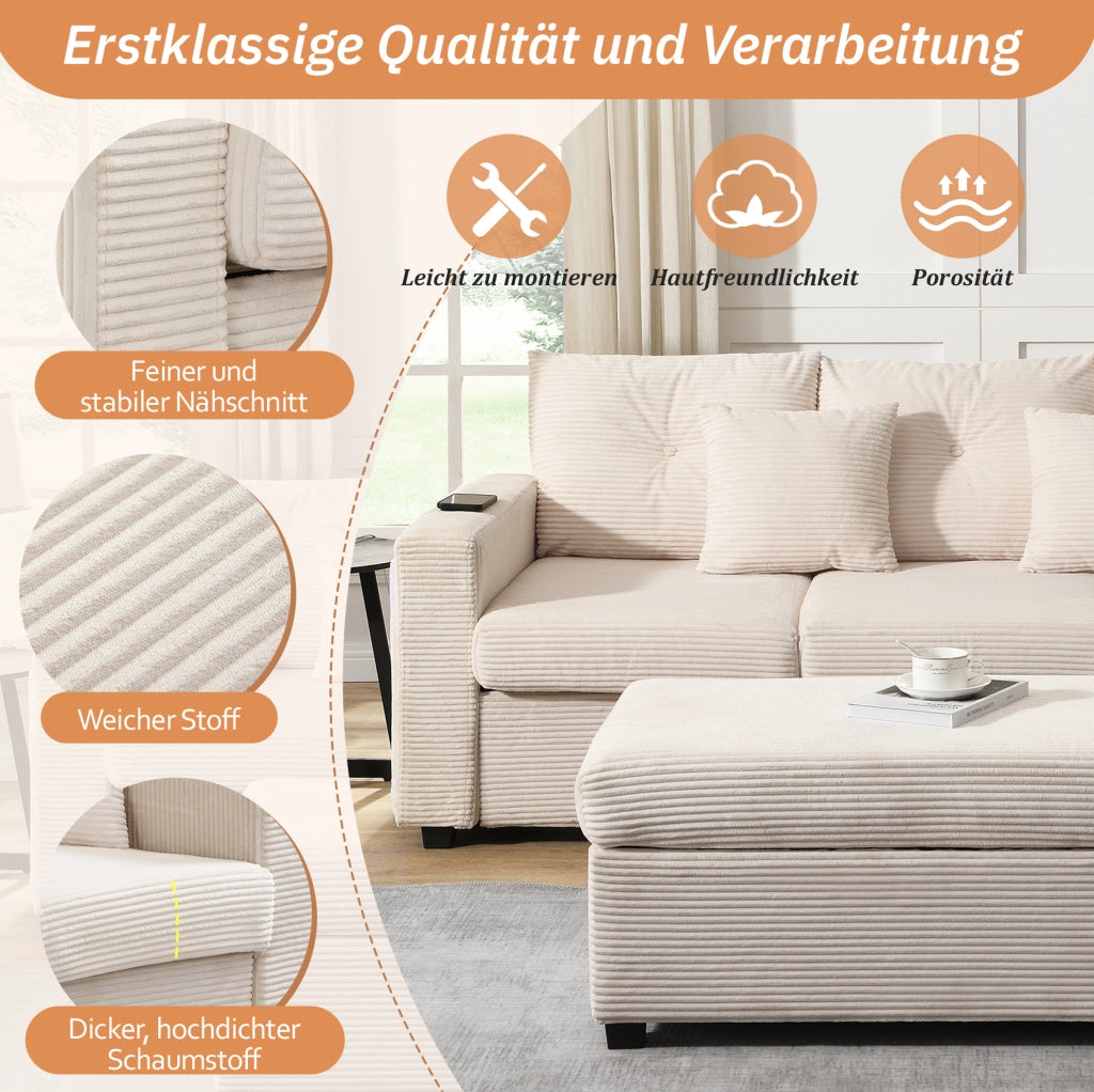 Divano angolare L-form con LED, pouf multifunzione, tessuto a coste beige