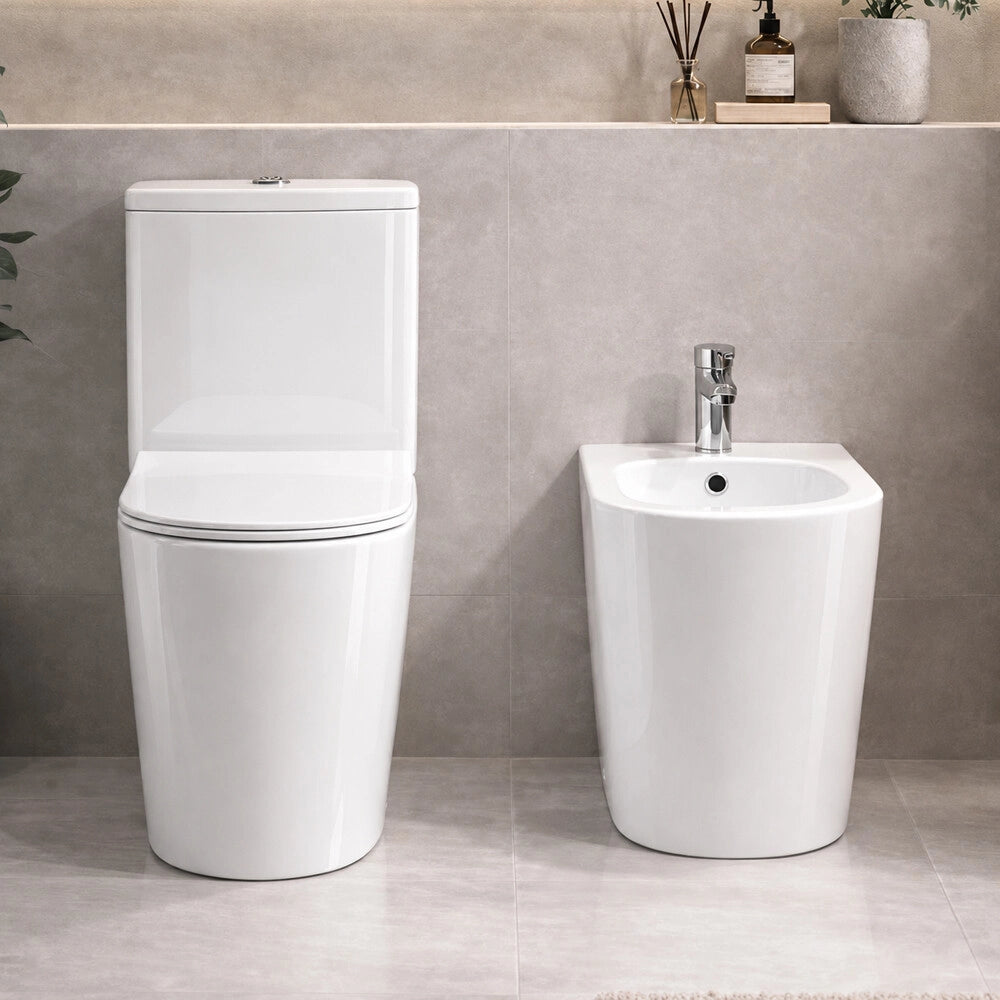 Wc monoblocco filomuro bianco lucido in ceramica con scarico universale rimless Kyoto
