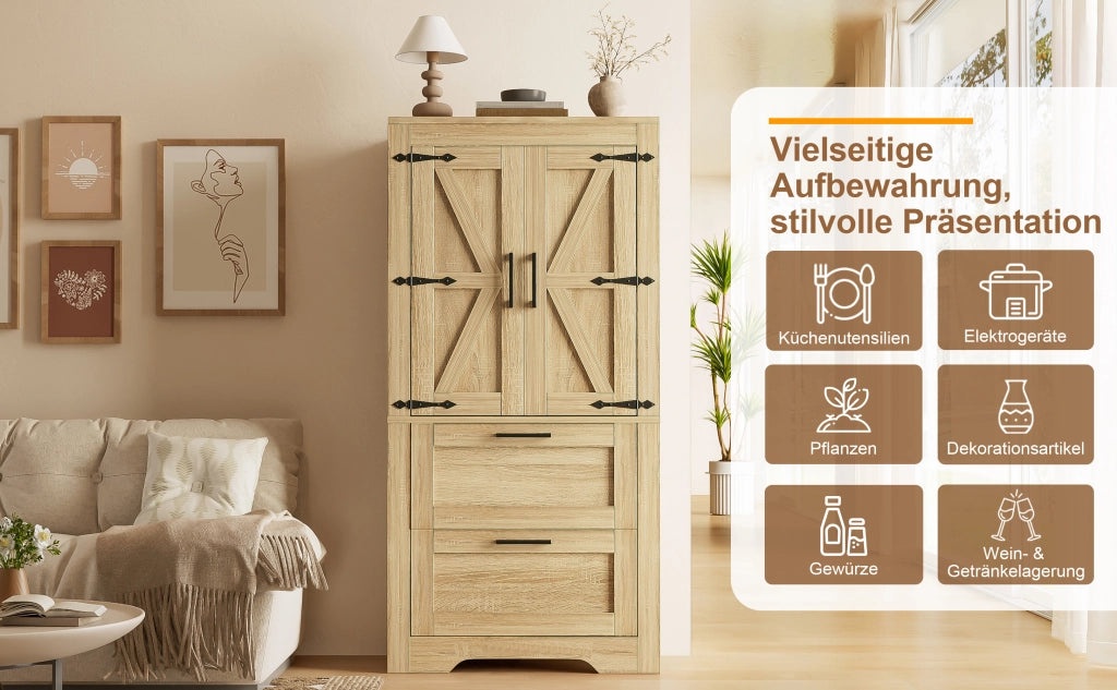 Credenza con 2 cassetti e ripiani regolabili in stile rustico per cucina, sala da pranzo e soggiorno in MDF naturale