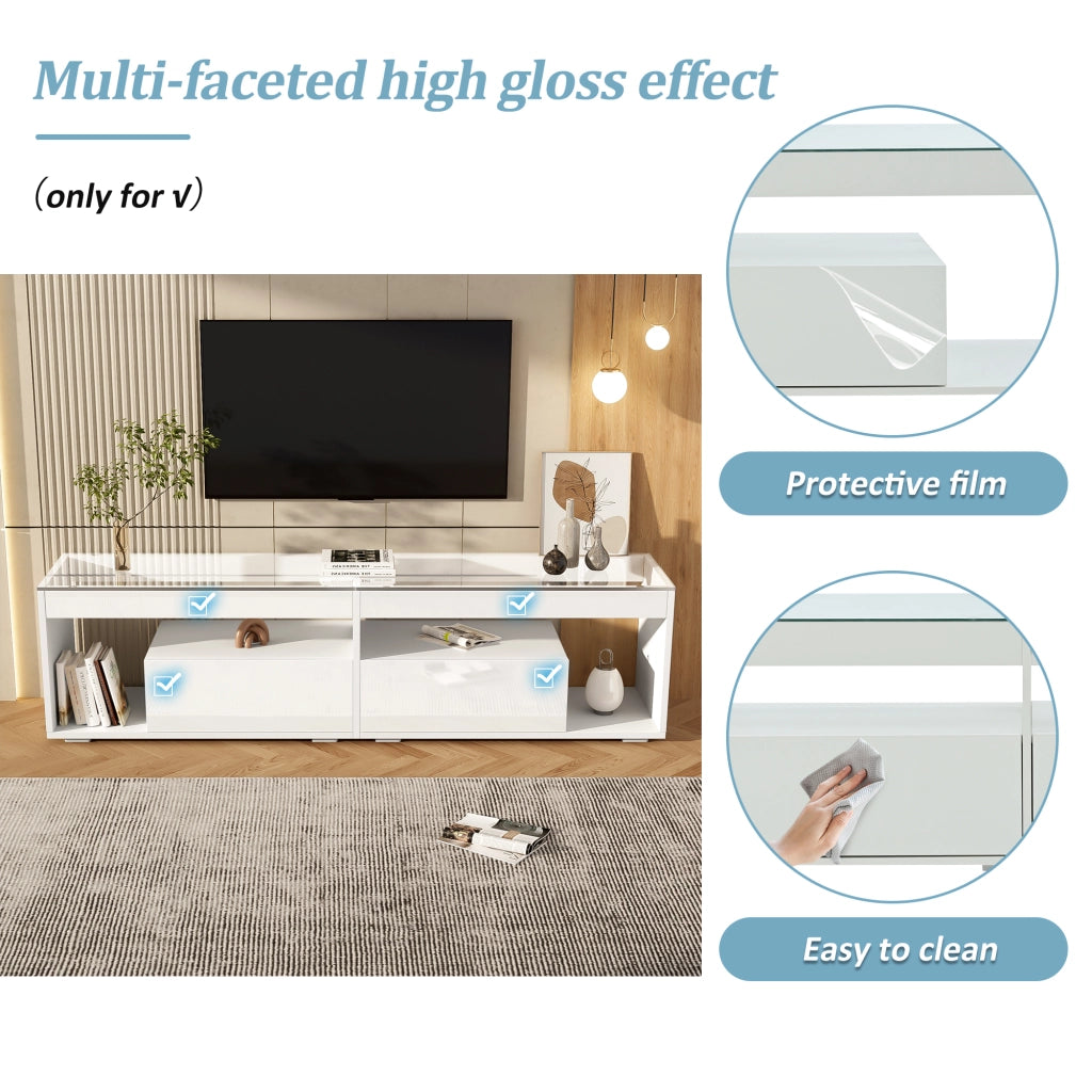 Mobile porta TV con LED, 2 cassetti e ripiani in vetro temperato, per soggiorno, in truciolare, bianco, 180 × 40 × 46 cm