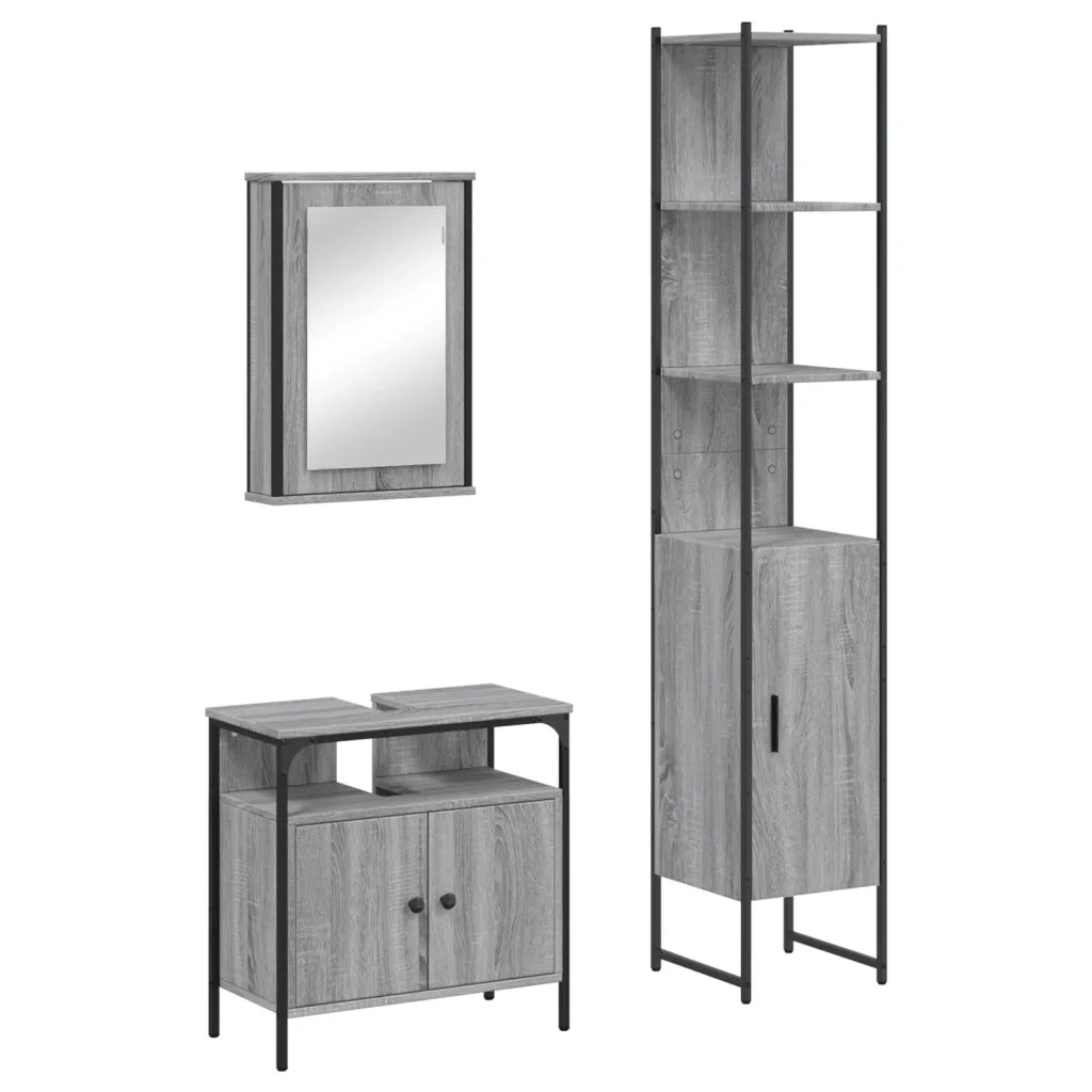 Set Mobili da Bagno | Armadio da bagno 3 pz Grigio Sonoma in Legno Multistrato