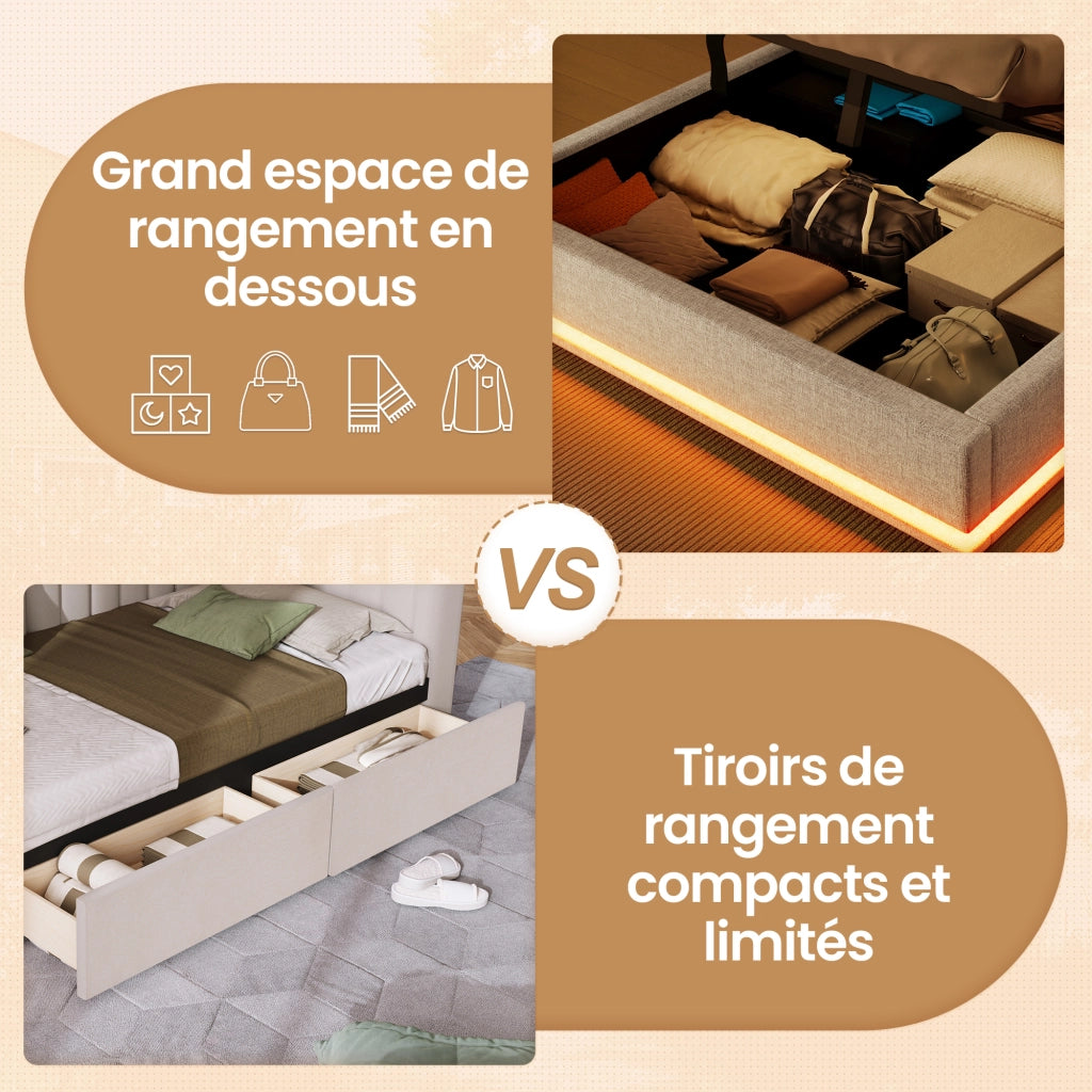 Letto Contenitore 140 x 200 cm - LED; USB; Tipo C e Vani Portaoggetti - Lino - Beige