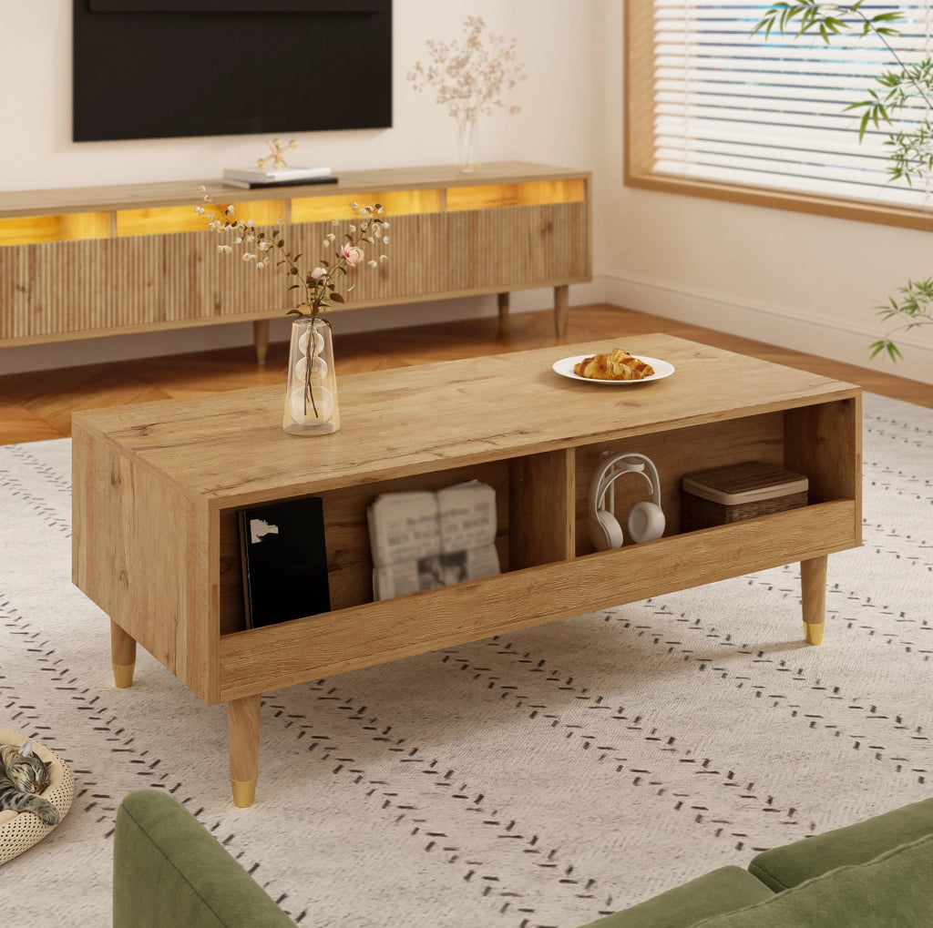 Tavolino da caffè LED 110x50x40 cm con 2 cassetti; MDF colore legno