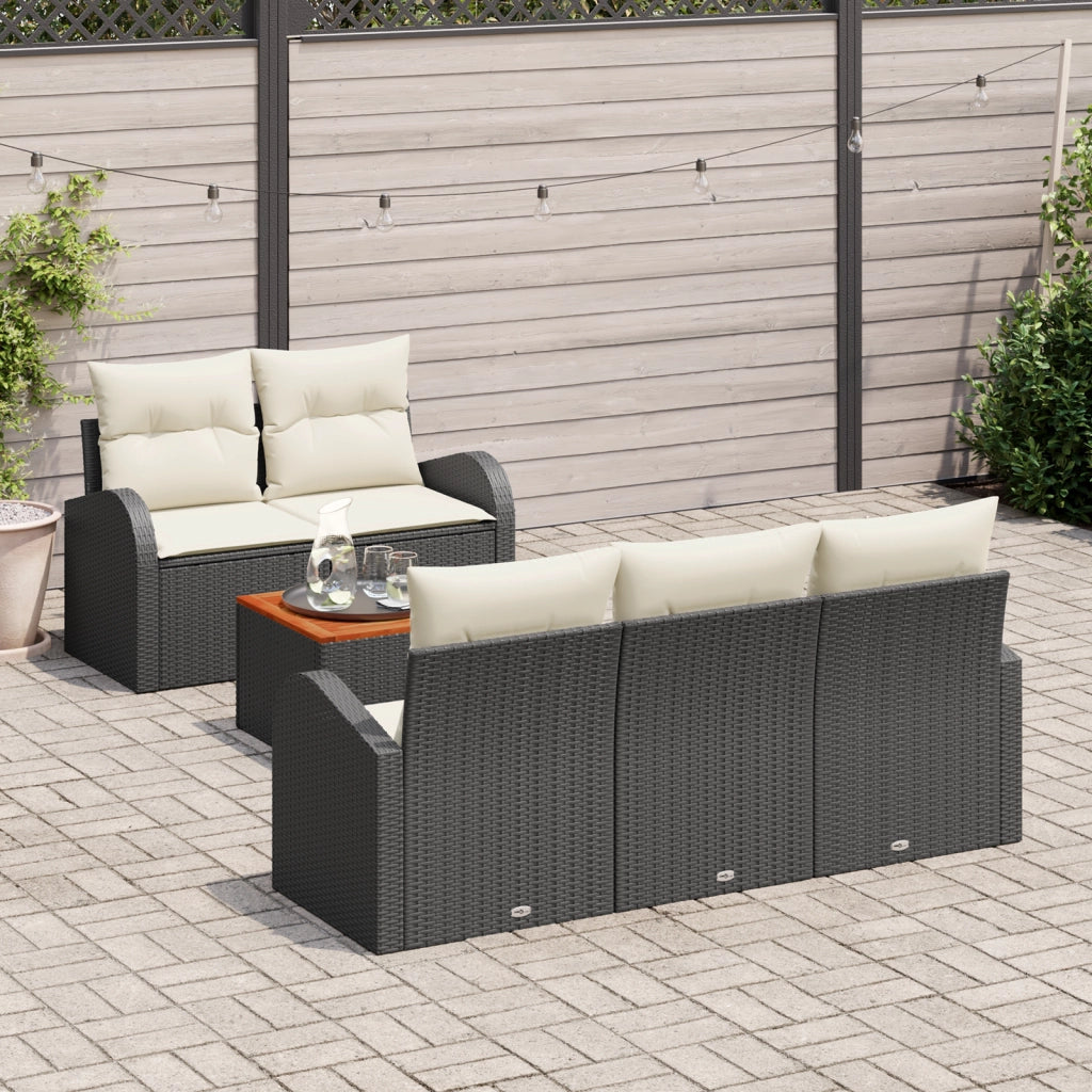 Set Divano da Giardino di 6 Pezzi con Cuscini Nero Polyrattan Acacia