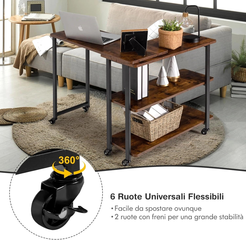 Tavolino da Salotto a Forma di L a 3 Livelli, Tavolino Girevole e Trasformabile con Ruote, Tavolino Moderno e Multiuso in Metallo e Legno (Caffè)