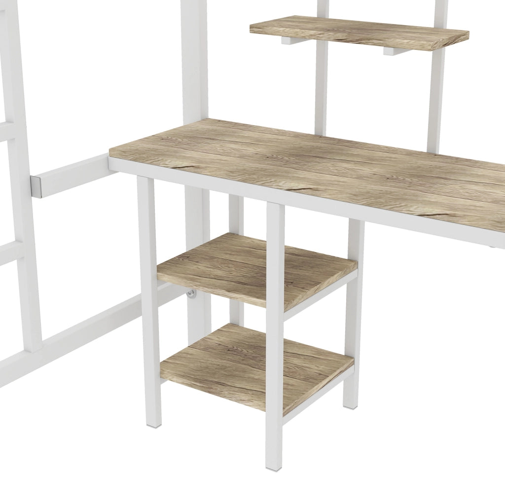 Letto a castello 204.5x95.5x180.5 cm con tavolo e ripiani in metallo e MDF bianco